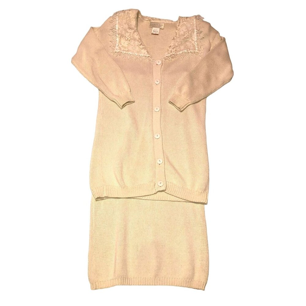 Vtg Gunne Sax Sweater Dress Suit Sz M Cream Knit USA made Lace Collar NWOT